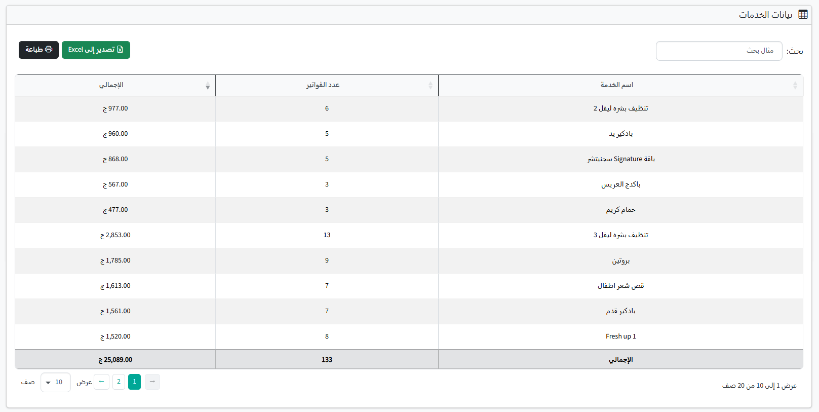 لقطة شاشة من عرض الخدمات المقدمة من موظف محدد خلال فترة